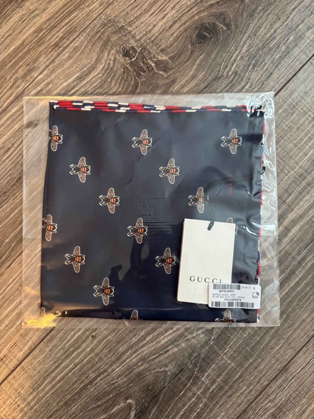 Gucci Navy Silk Pocket Square with Bee Motif and Red-White Trim
